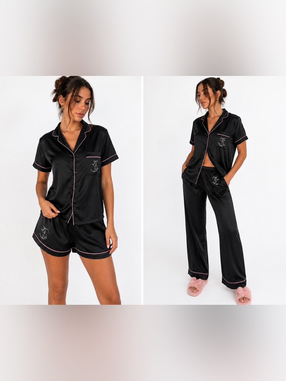 Juicy couture black pink rhinestone satin pajama set S Y2K mcbling loungewear